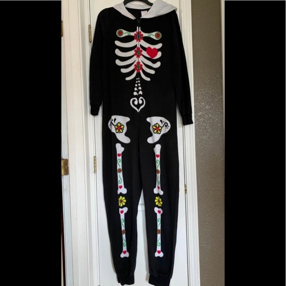 Sugar Skull Skeleton Fleece Onesie Pajamas LG